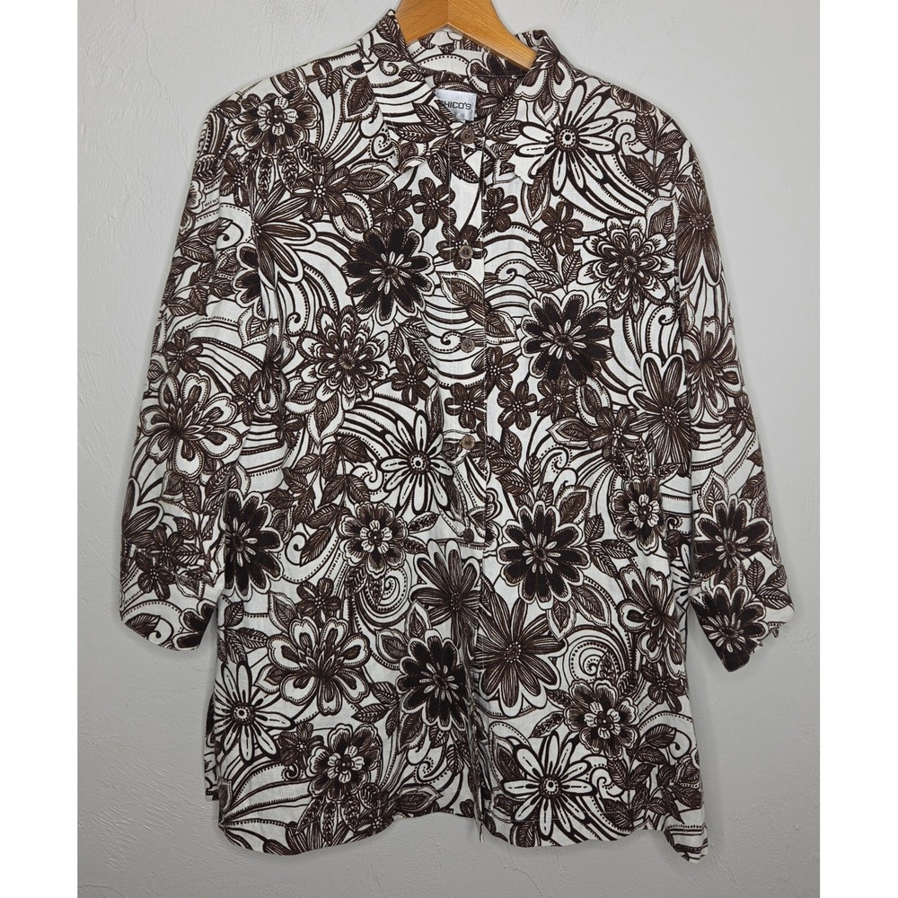 Chico's Brown Floral 100% Linen Shirt Size 2 Large (12) Button Up 3/4 Sleeves